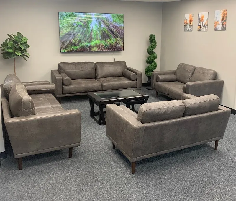 Cozy seating area with modern sofas at Freedom Health detox center in Boston.